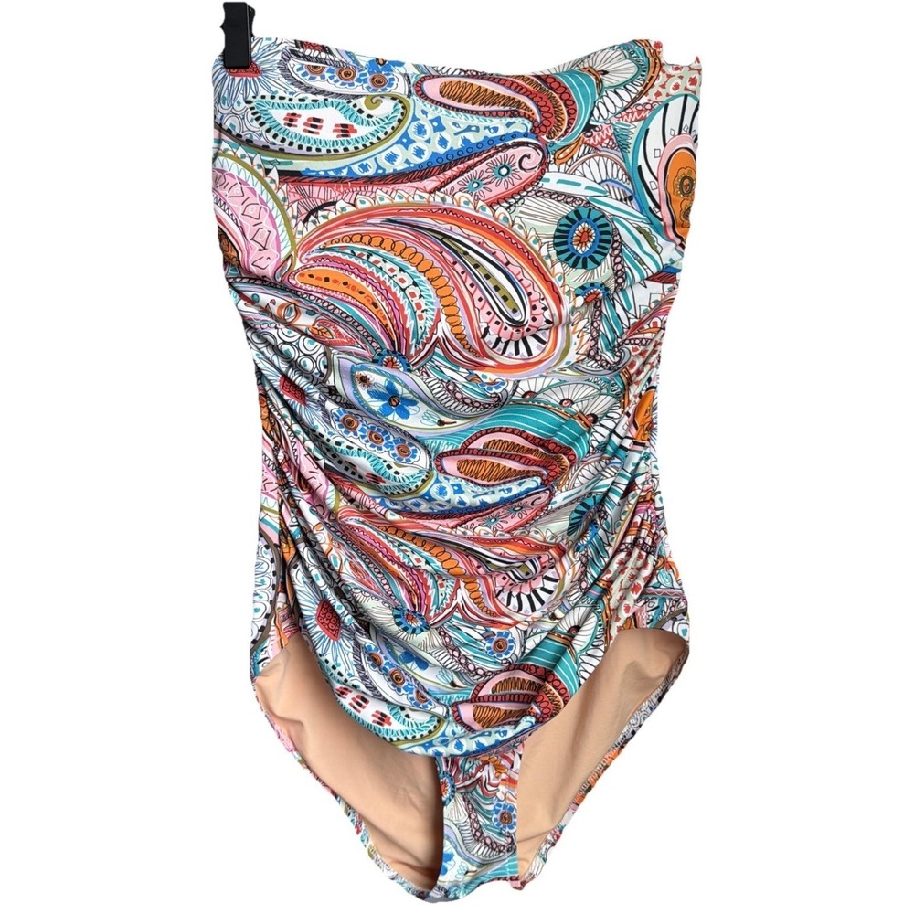 J Crew Strapless One Piece Swimsuit Paisley Printed Ruched Slim Size 8 Beach